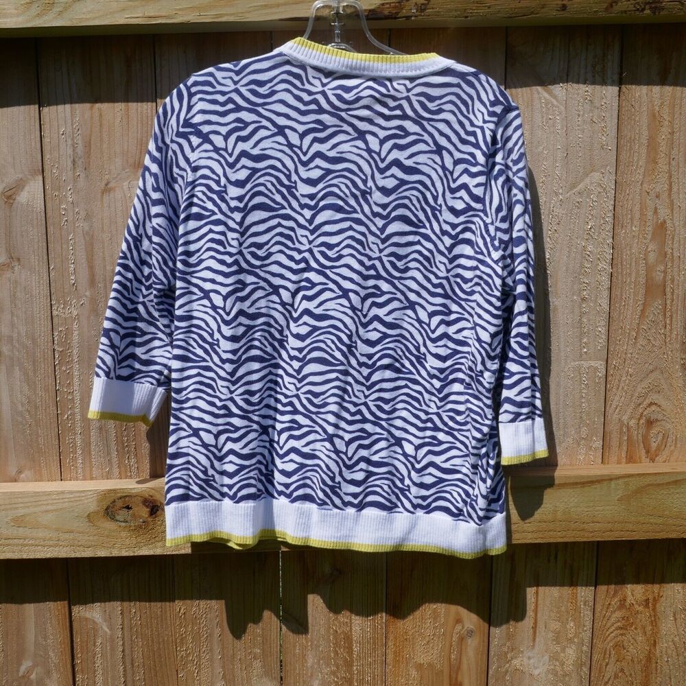 Edinburgh Knitwear Zebra Print Crewneck Pima Cotton Sweater Large Blue White - Picture 5 of 5